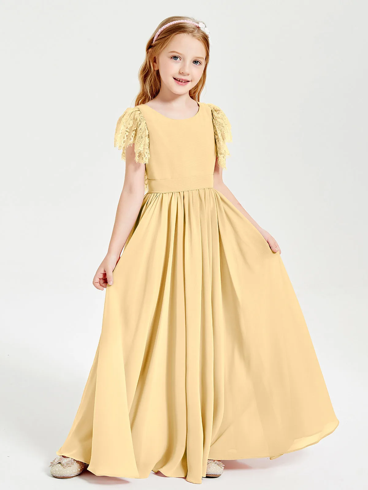 Chiffon Junior Bridesmaid Dresses Lace Flutter Sleeves Scoop Neck Gold