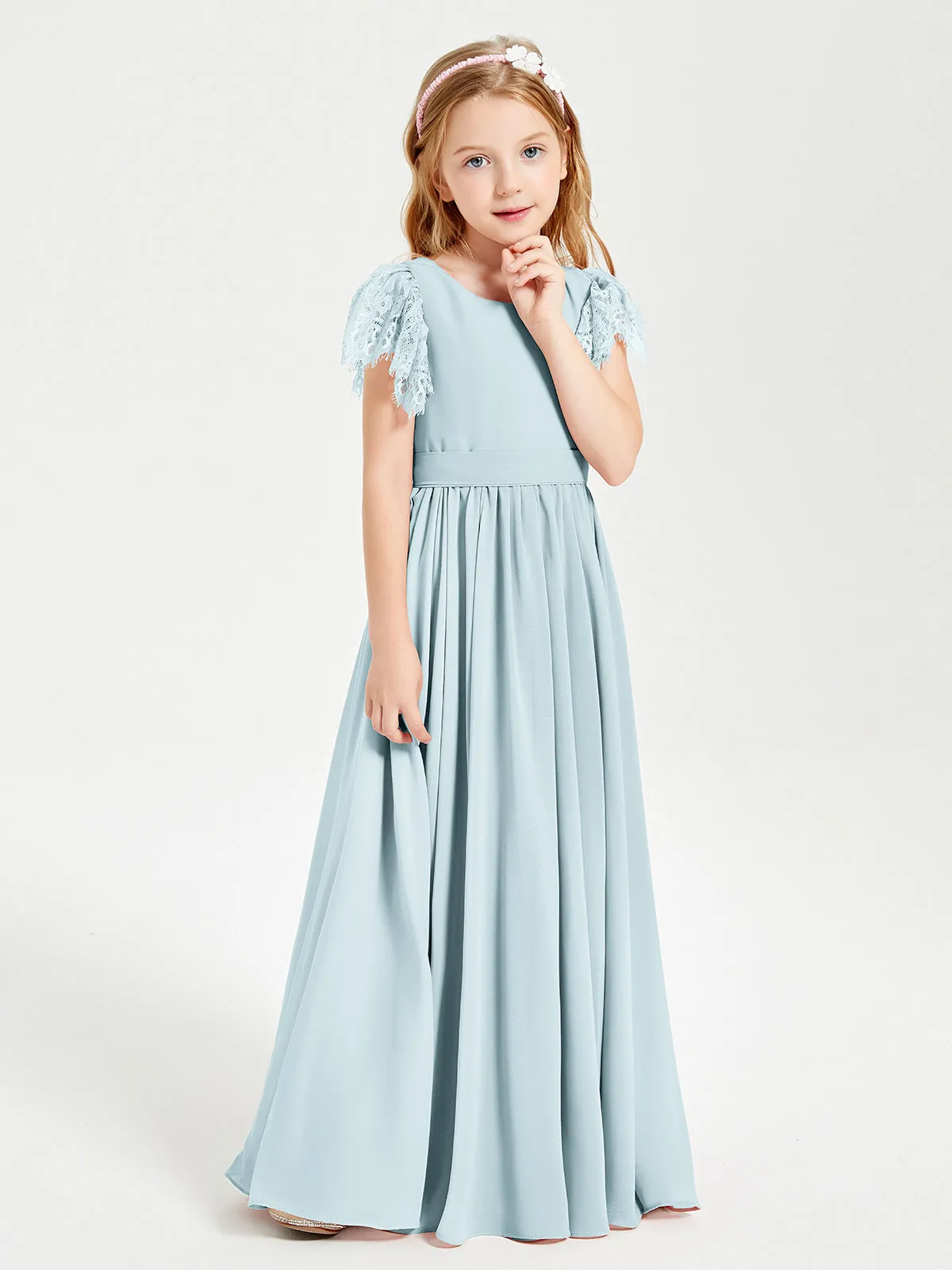 Chiffon Junior Bridesmaid Dresses Lace Flutter Sleeves Scoop Neck Mist