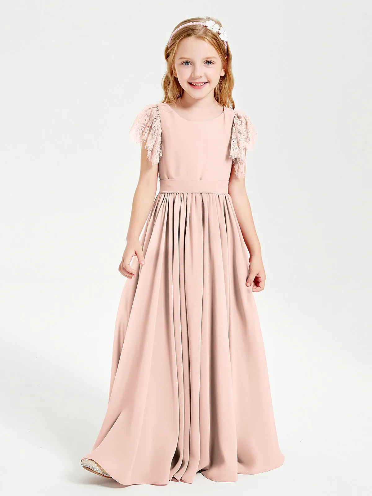 Chiffon Junior Bridesmaid Dresses Lace Flutter Sleeves Scoop Neck Pearl Pink