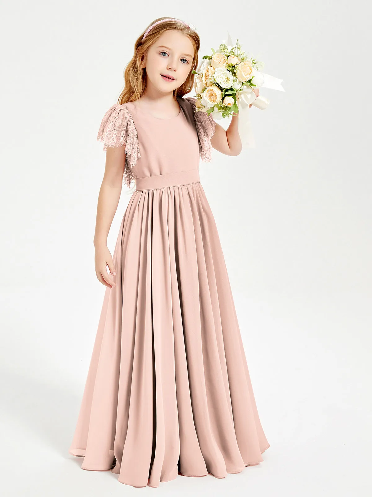 Chiffon Junior Bridesmaid Dresses Lace Flutter Sleeves Scoop Neck Pearl Pink