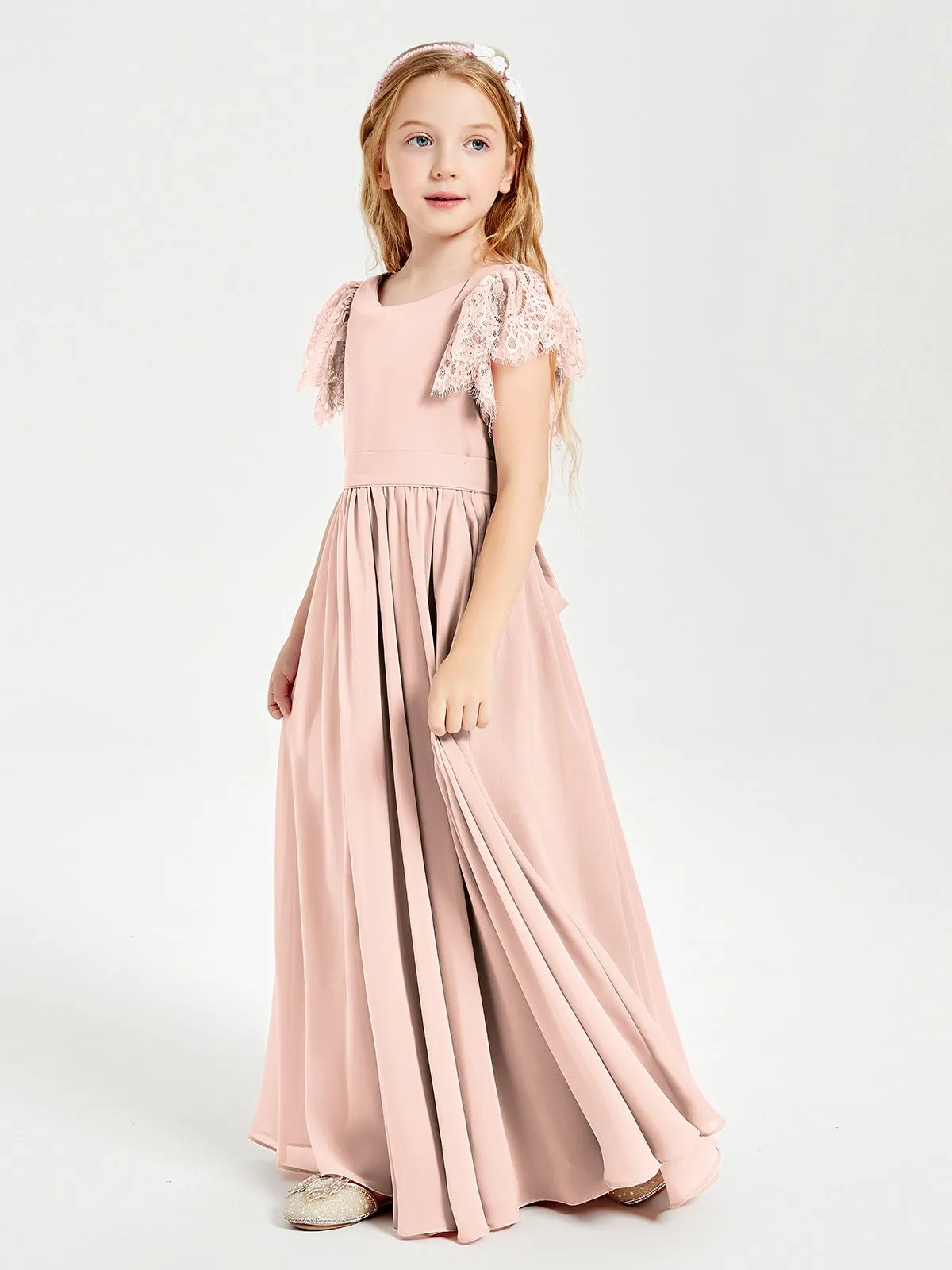 Chiffon Junior Bridesmaid Dresses Lace Flutter Sleeves Scoop Neck Pearl Pink