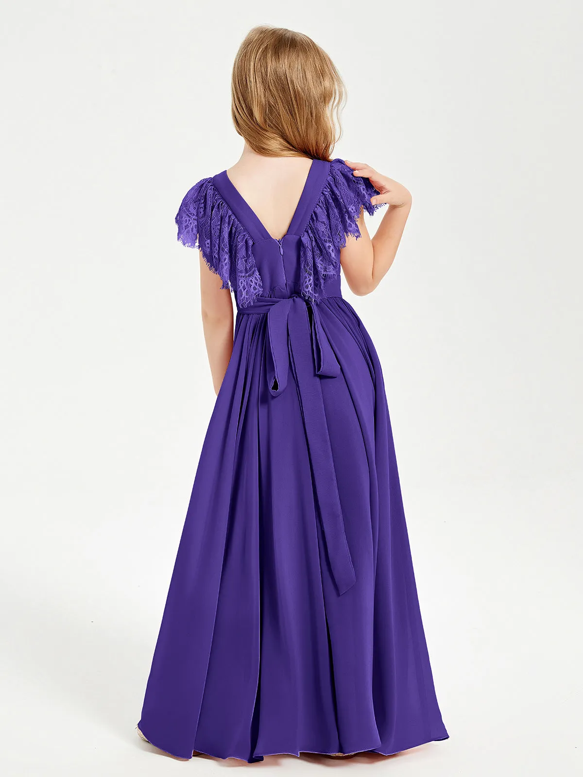 Chiffon Junior Bridesmaid Dresses Lace Flutter Sleeves Scoop Neck Regency