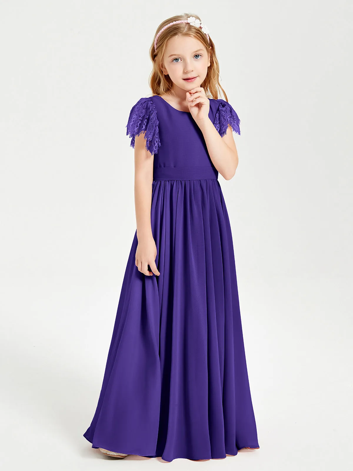 Chiffon Junior Bridesmaid Dresses Lace Flutter Sleeves Scoop Neck Regency