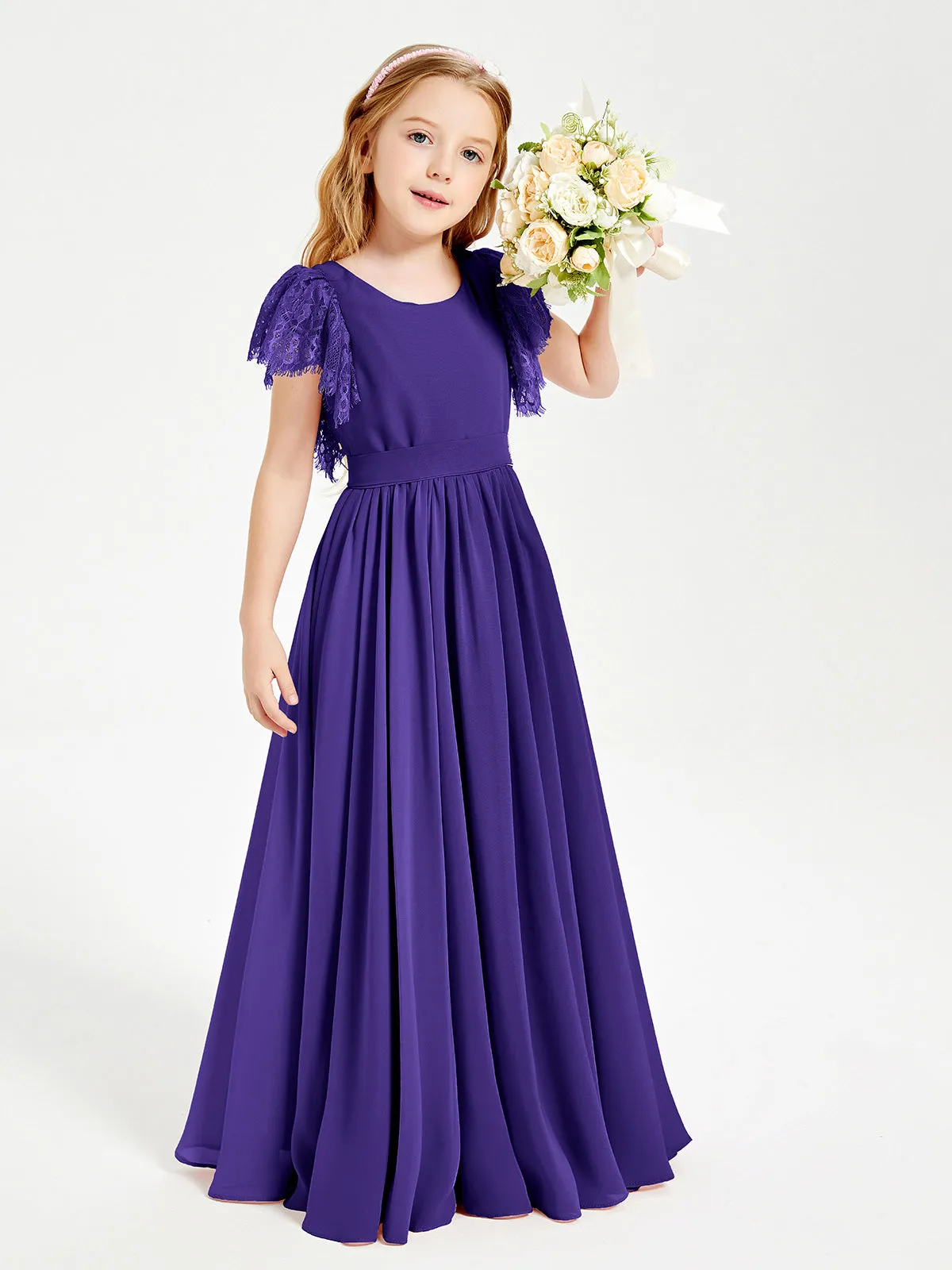 Chiffon Junior Bridesmaid Dresses Lace Flutter Sleeves Scoop Neck Regency