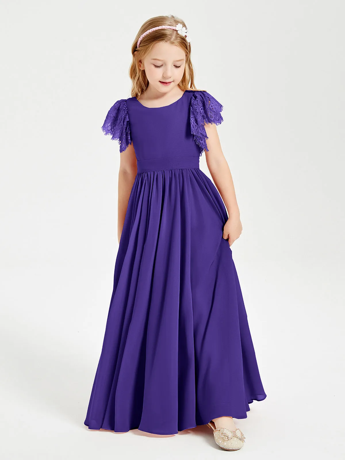 Chiffon Junior Bridesmaid Dresses Lace Flutter Sleeves Scoop Neck Regency