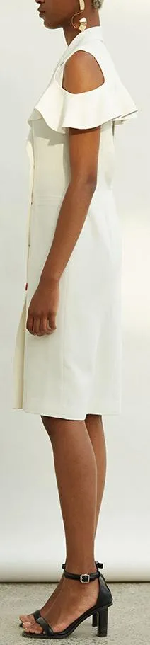 Cold-Shoulder Ruffle-Sleeve Double-Breasted Dress - White or Red
