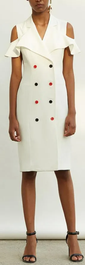 Cold-Shoulder Ruffle-Sleeve Double-Breasted Dress - White or Red