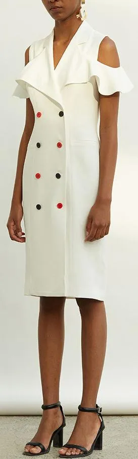 Cold-Shoulder Ruffle-Sleeve Double-Breasted Dress - White or Red