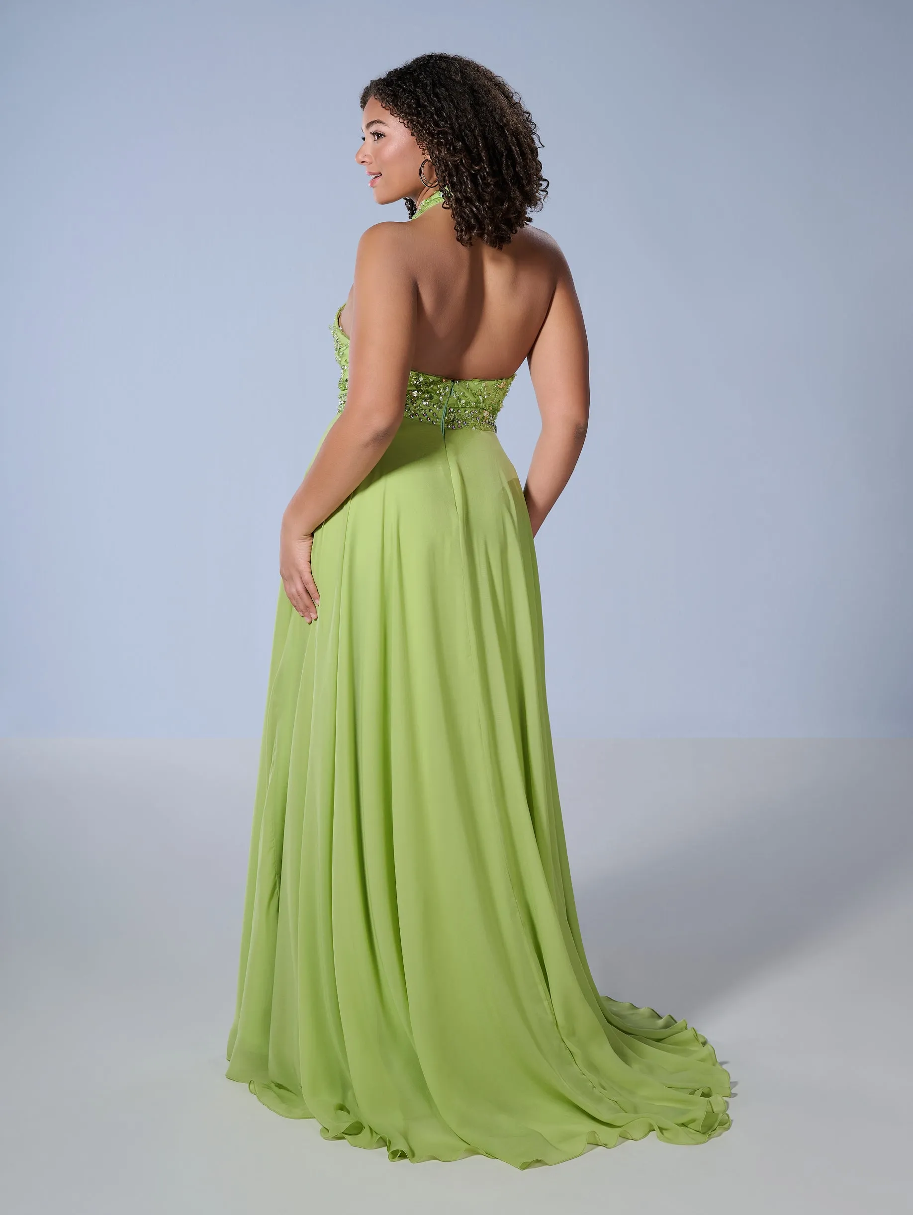 Curvy Chiffon Halter Slit Gown by Tiffany Designs 16167