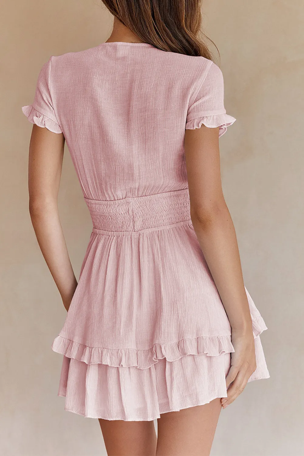 Deep V Neck Self-tie Knotted Front Layered Flare Mini Dress