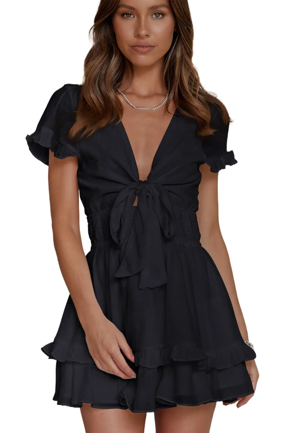 Deep V Neck Self-tie Knotted Front Layered Flare Mini Dress
