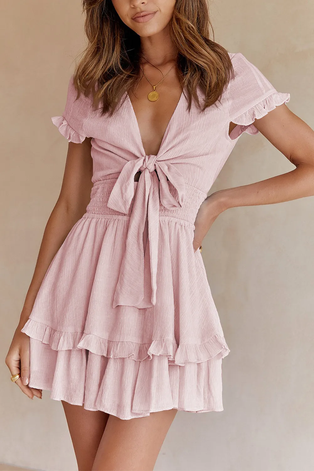 Deep V Neck Self-tie Knotted Front Layered Flare Mini Dress