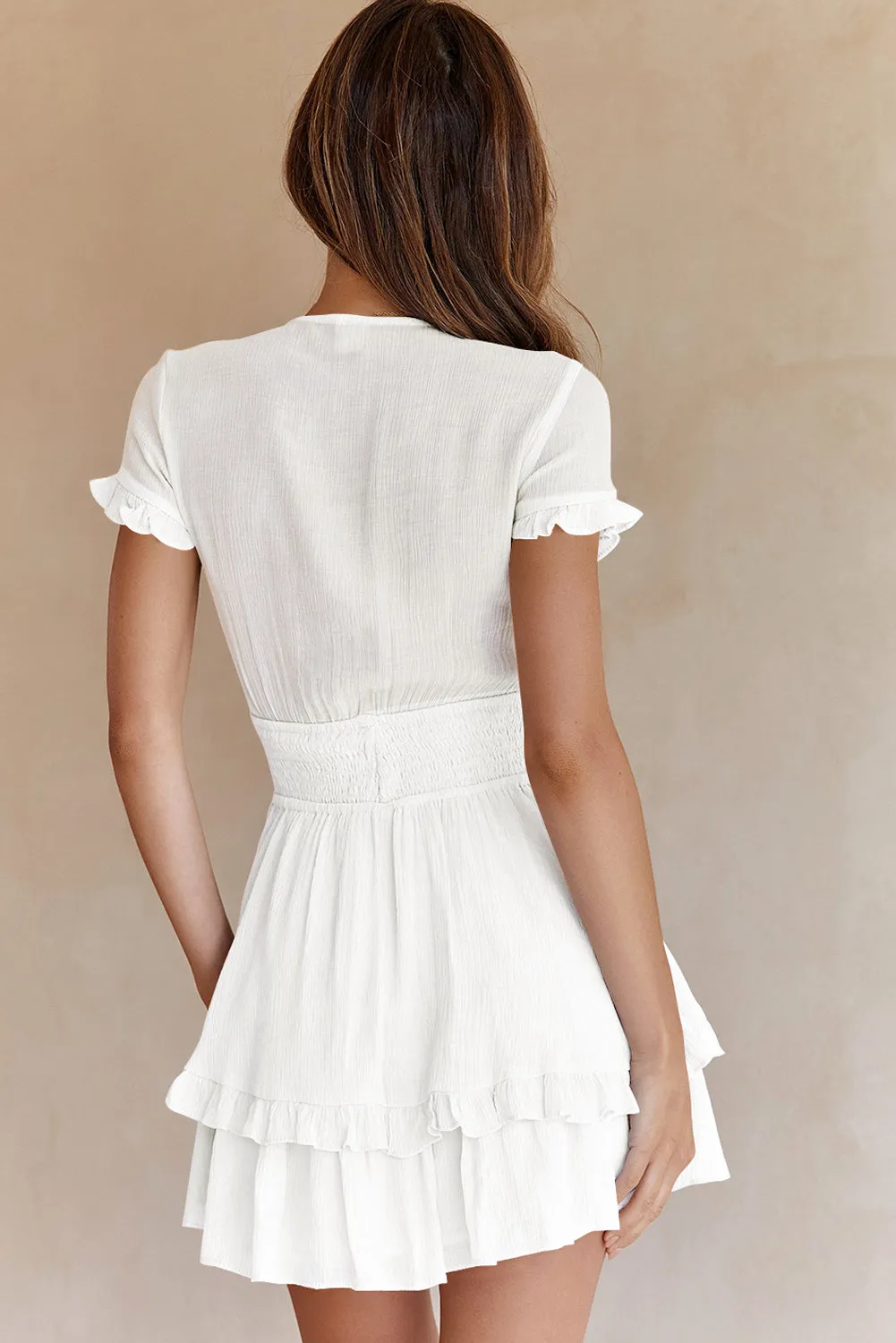 Deep V Neck Self-tie Knotted Front Layered Flare Mini Dress