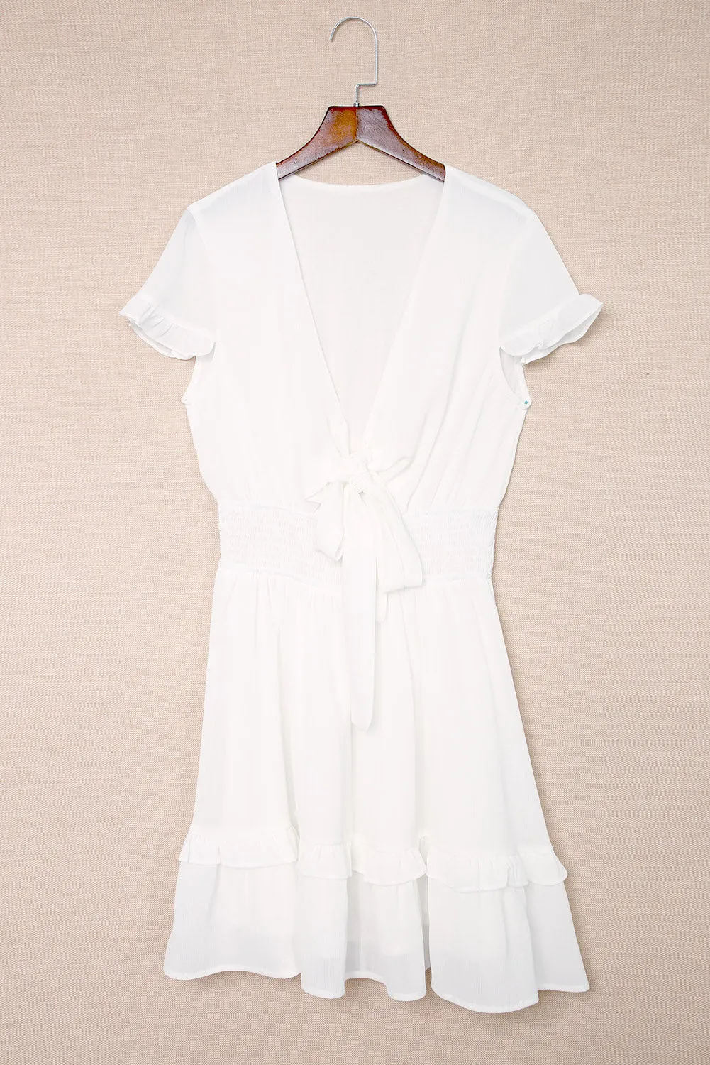 Deep V Neck Self-tie Knotted Front Layered Flare Mini Dress