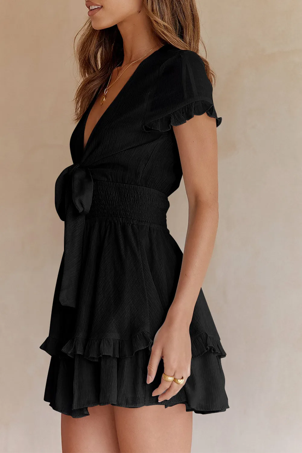 Deep V Neck Self-tie Knotted Front Layered Flare Mini Dress