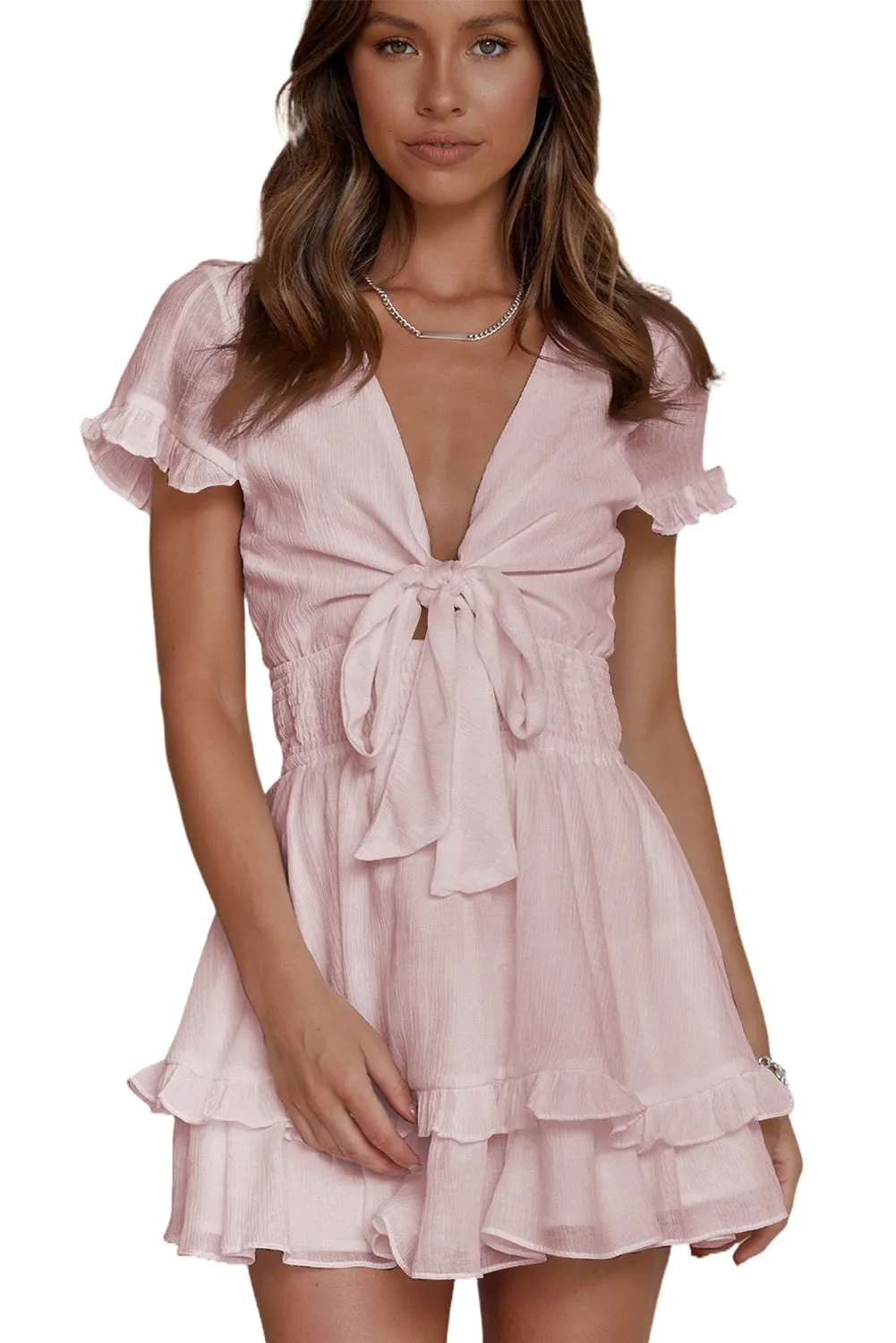 Deep V Neck Self-tie Knotted Front Layered Flare Mini Dress