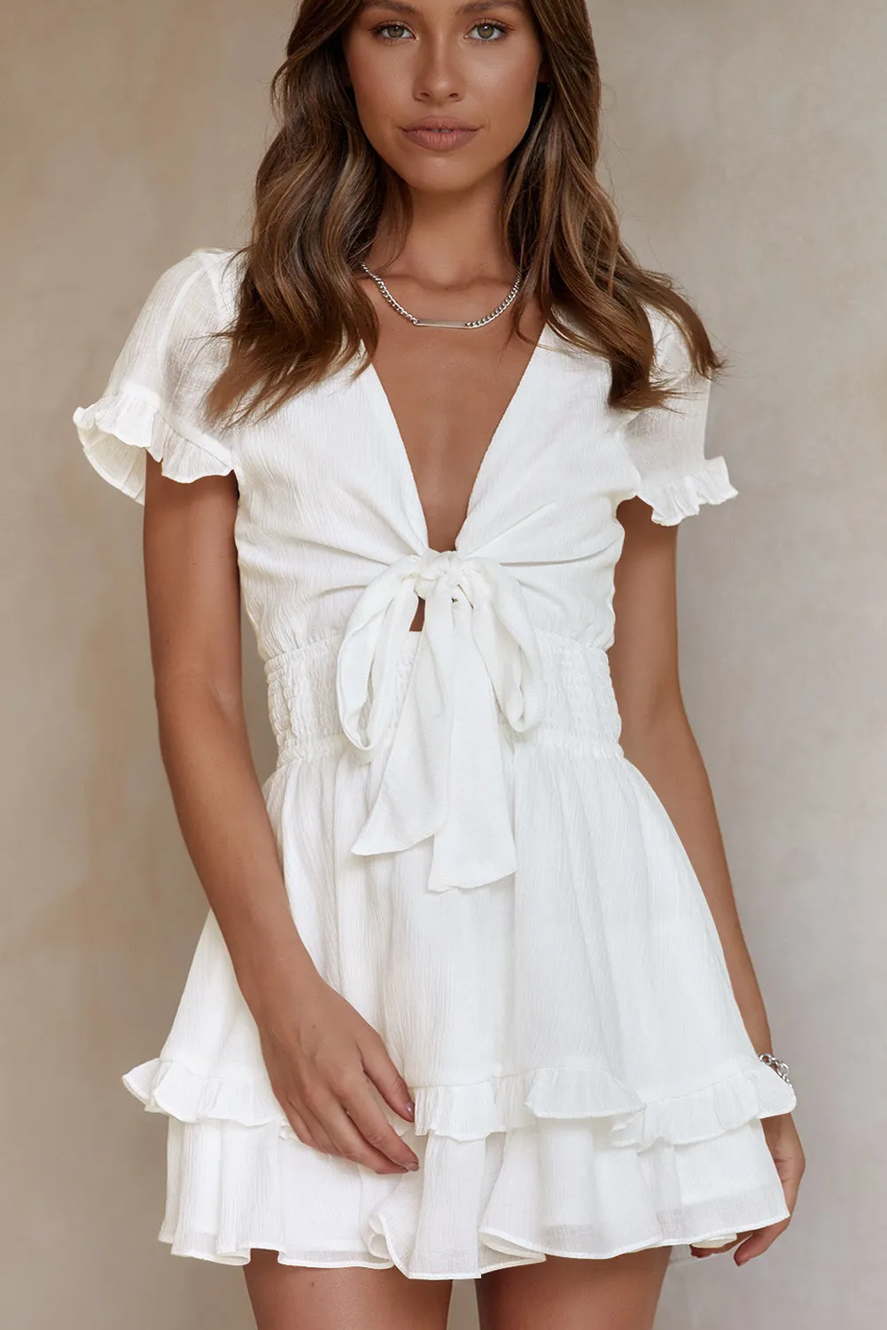 Deep V Neck Self-tie Knotted Front Layered Flare Mini Dress