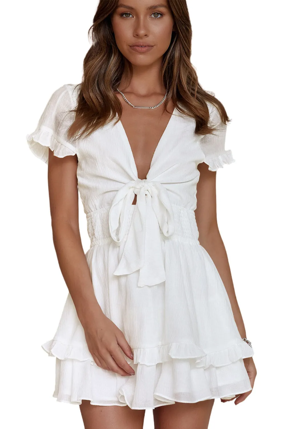 Deep V Neck Self-tie Knotted Front Layered Flare Mini Dress