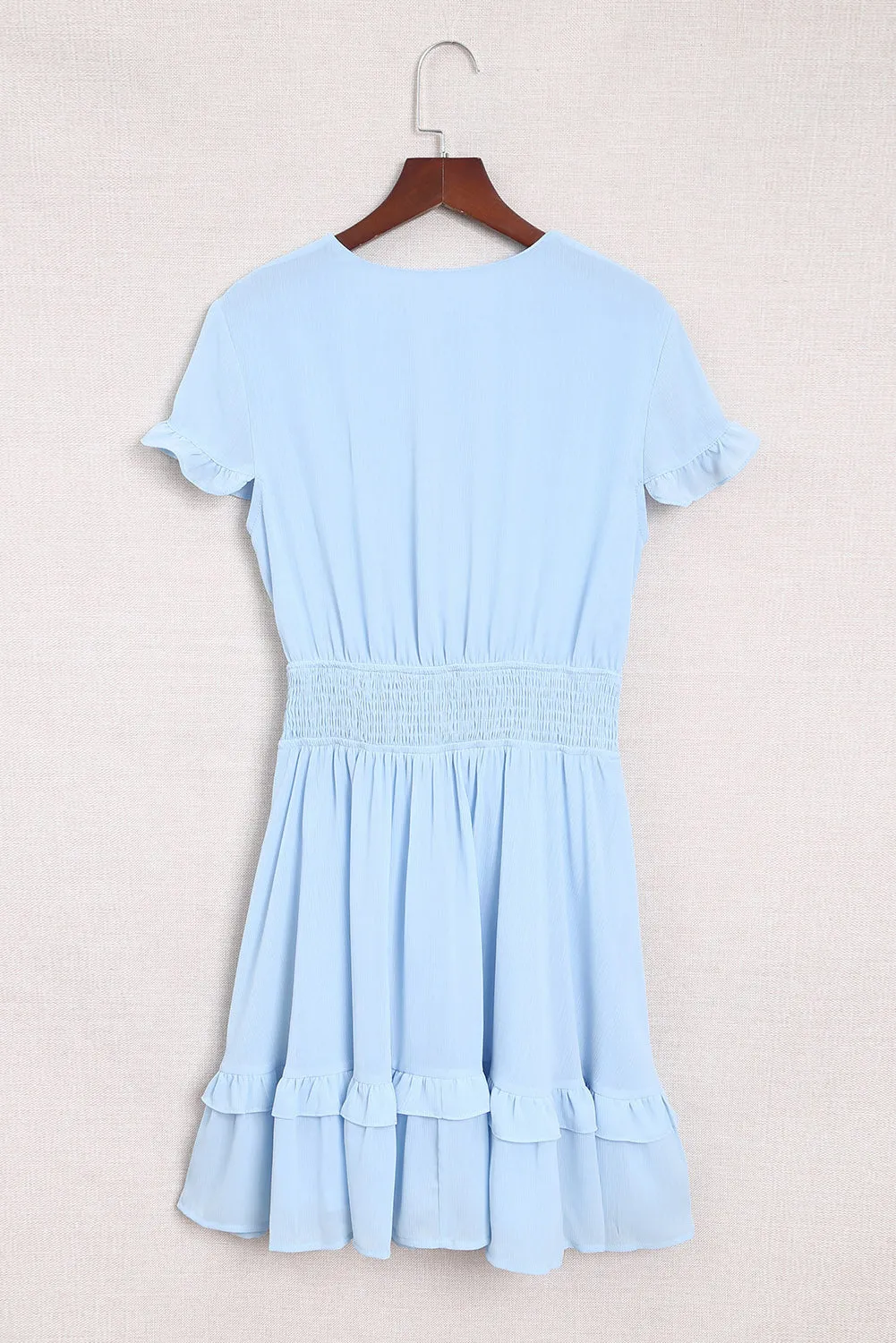 Deep V Neck Self-tie Knotted Front Layered Flare Mini Dress
