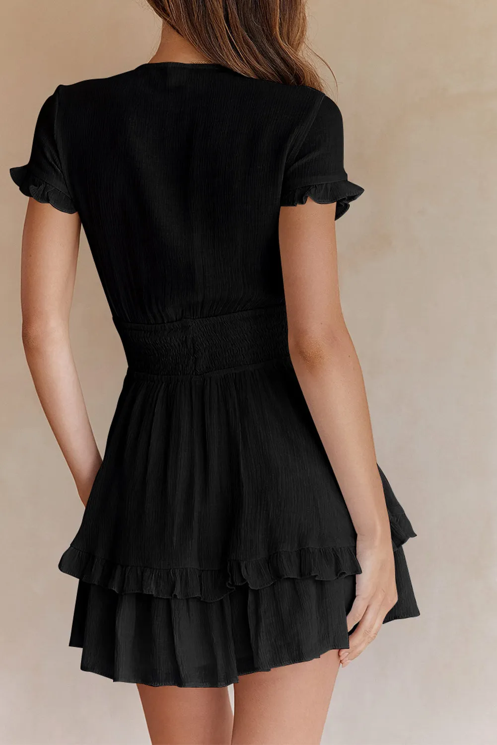 Deep V Neck Self-tie Knotted Front Layered Flare Mini Dress