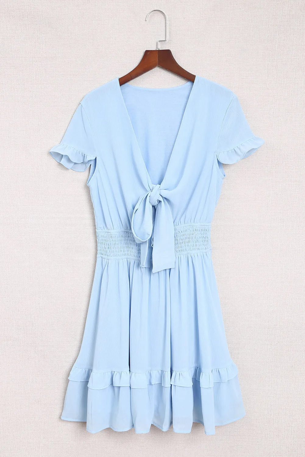 Deep V Neck Self-tie Knotted Front Layered Flare Mini Dress
