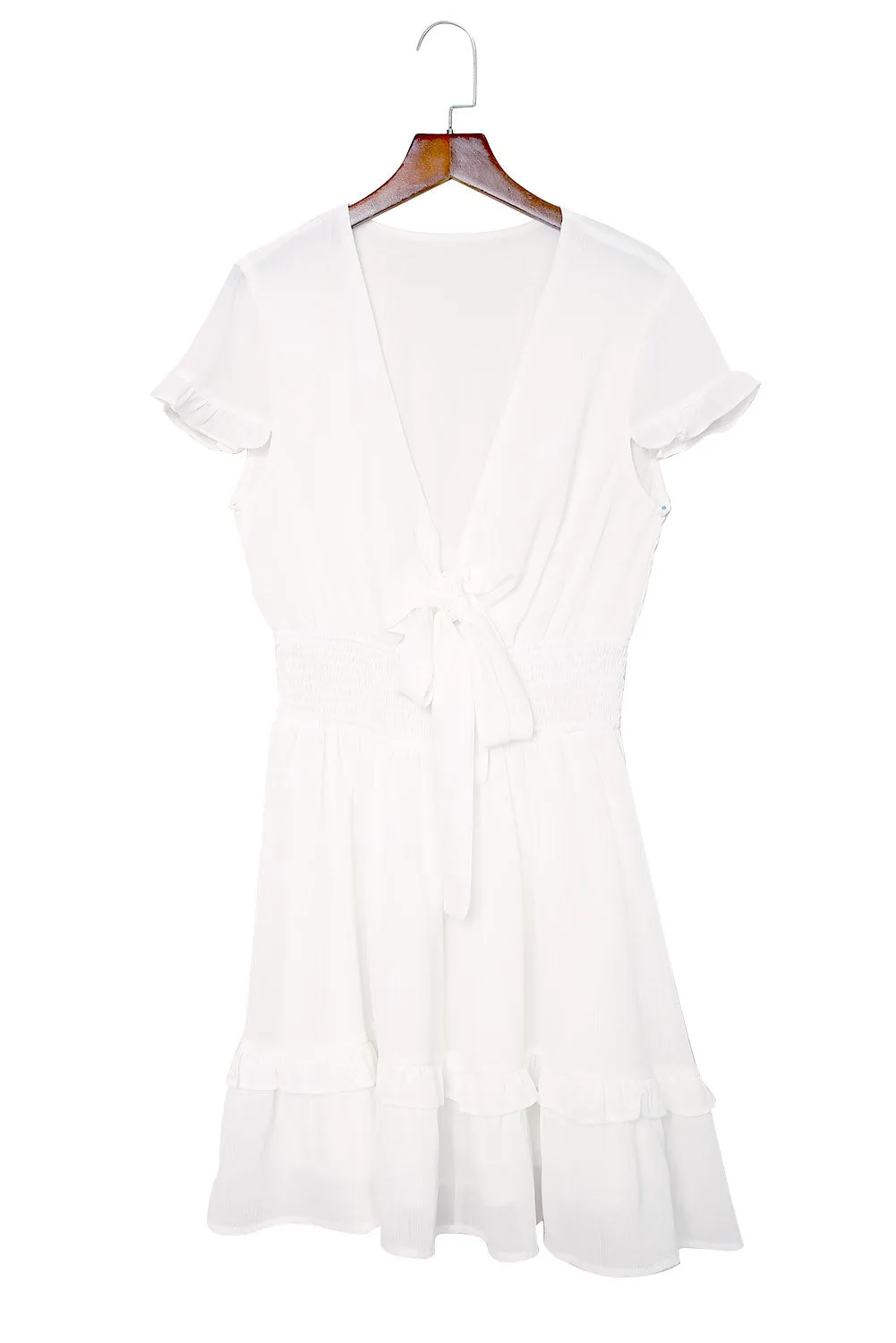 Deep V Neck Self-tie Knotted Front Layered Flare Mini Dress