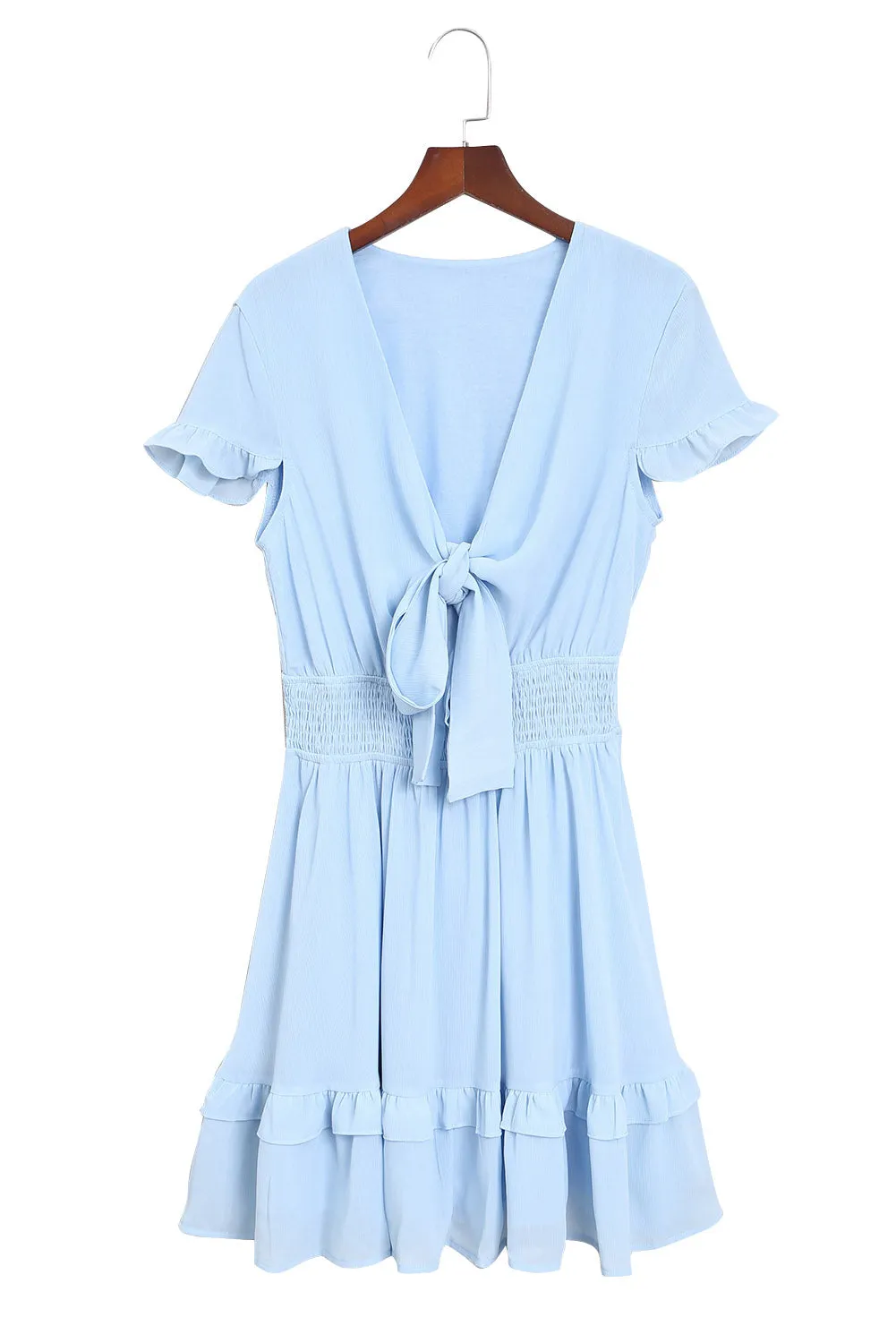 Deep V Neck Self-tie Knotted Front Layered Flare Mini Dress