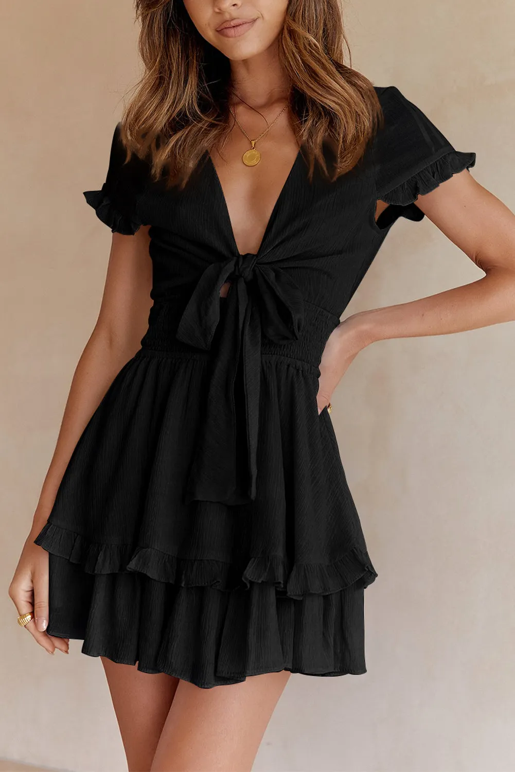 Deep V Neck Self-tie Knotted Front Layered Flare Mini Dress