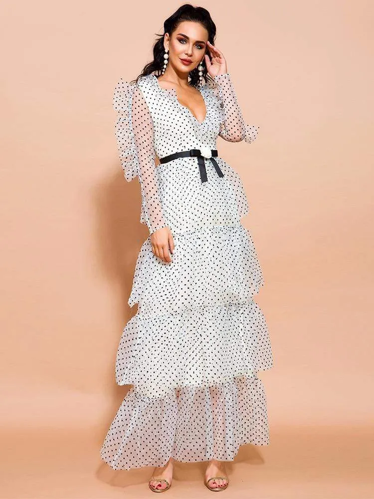 Dot Print Ruffle Layered Long Dress