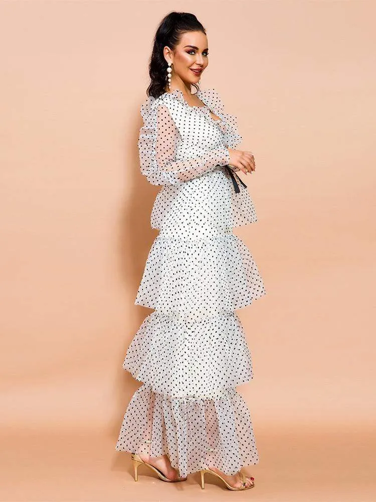 Dot Print Ruffle Layered Long Dress