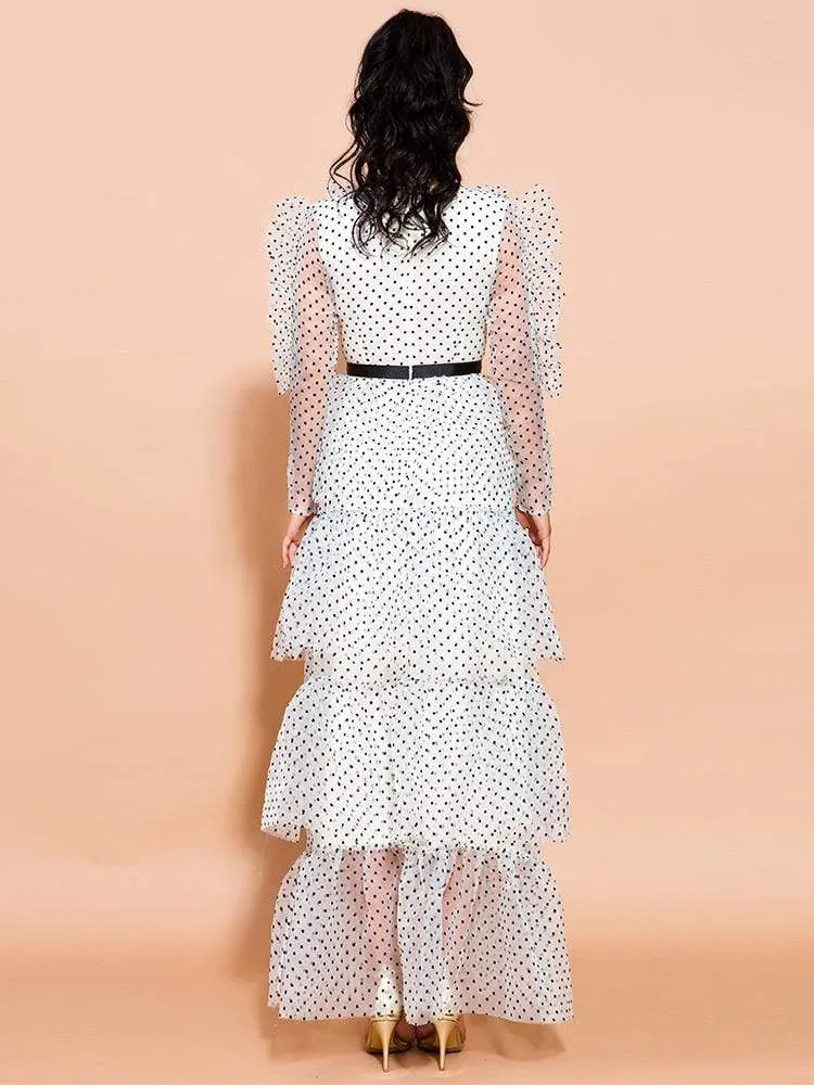 Dot Print Ruffle Layered Long Dress