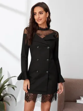Double Button Flounce Sleeve Lace Yoke Dress