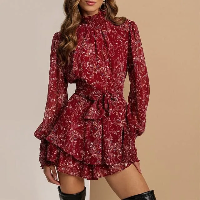 DressBetty - Spring Vintage Perspective Floral Print Dress Women Casual Long Sleeve Chiffon A Line Dress Summer Lady Mini Party
