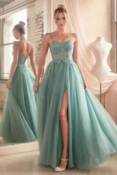Dusty Teal Lace & Layered Tulle A-Line Gown