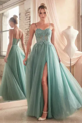 Dusty Teal Lace & Layered Tulle A-Line Gown