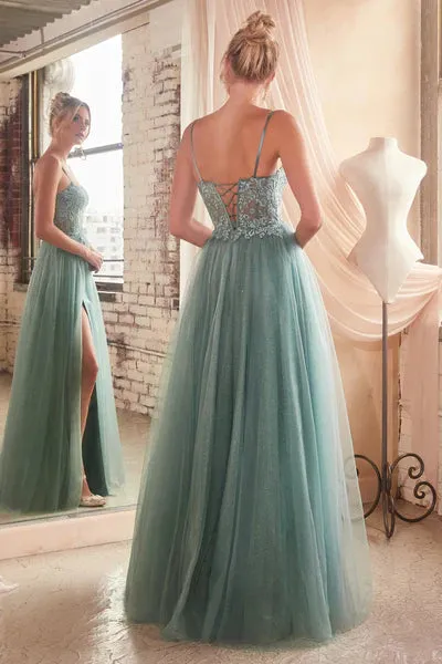 Dusty Teal Lace & Layered Tulle A-Line Gown