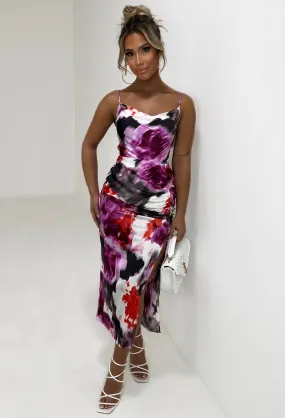Eternal Beauty Purple Printed Ruched Side Split Cami Midi Dress