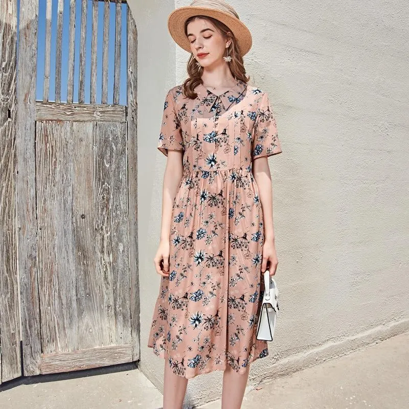 FashionSierra - Turn Down Collar Short Sleeves Printed Ruched Fashion Casual High Street Dresses