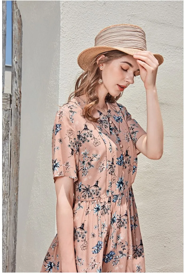 FashionSierra - Turn Down Collar Short Sleeves Printed Ruched Fashion Casual High Street Dresses