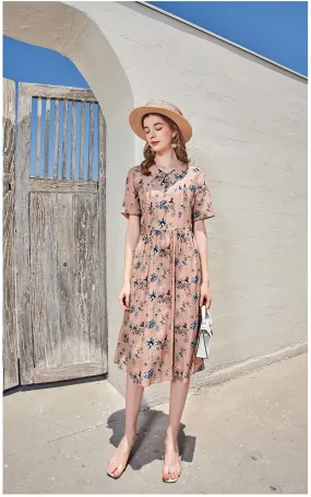 FashionSierra - Turn Down Collar Short Sleeves Printed Ruched Fashion Casual High Street Dresses