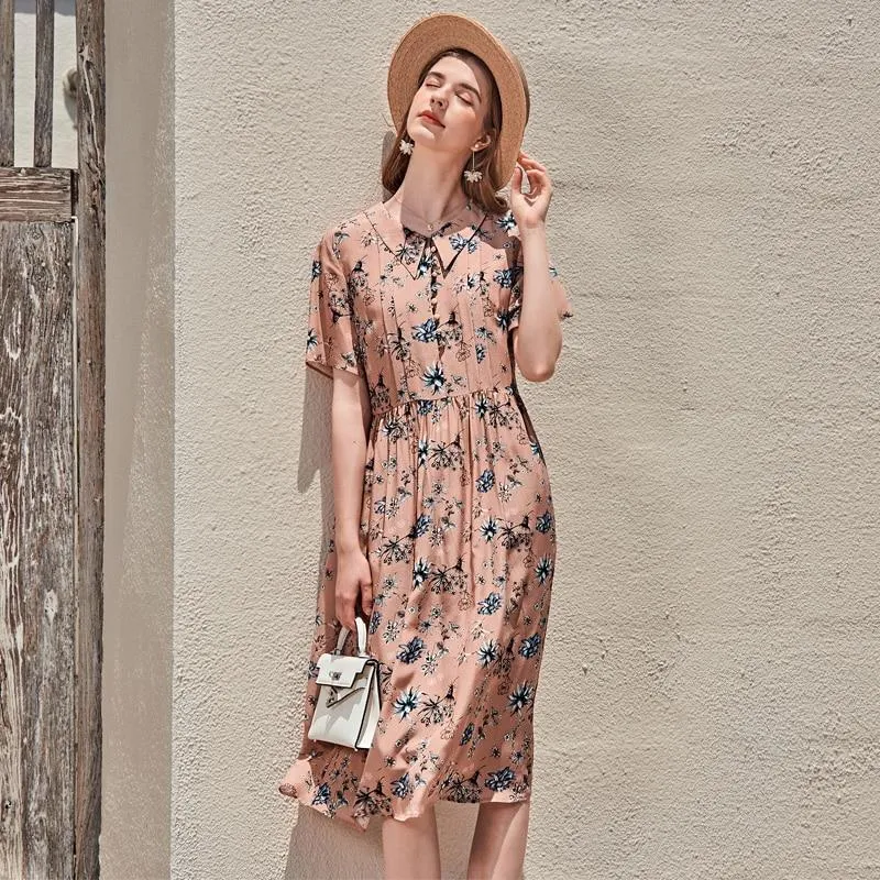 FashionSierra - Turn Down Collar Short Sleeves Printed Ruched Fashion Casual High Street Dresses
