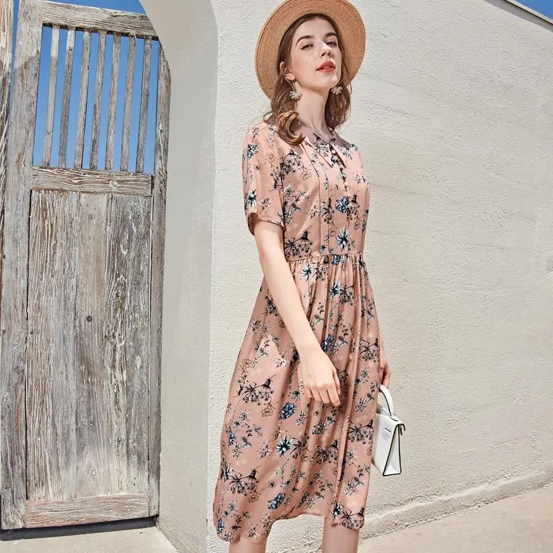 FashionSierra - Turn Down Collar Short Sleeves Printed Ruched Fashion Casual High Street Dresses