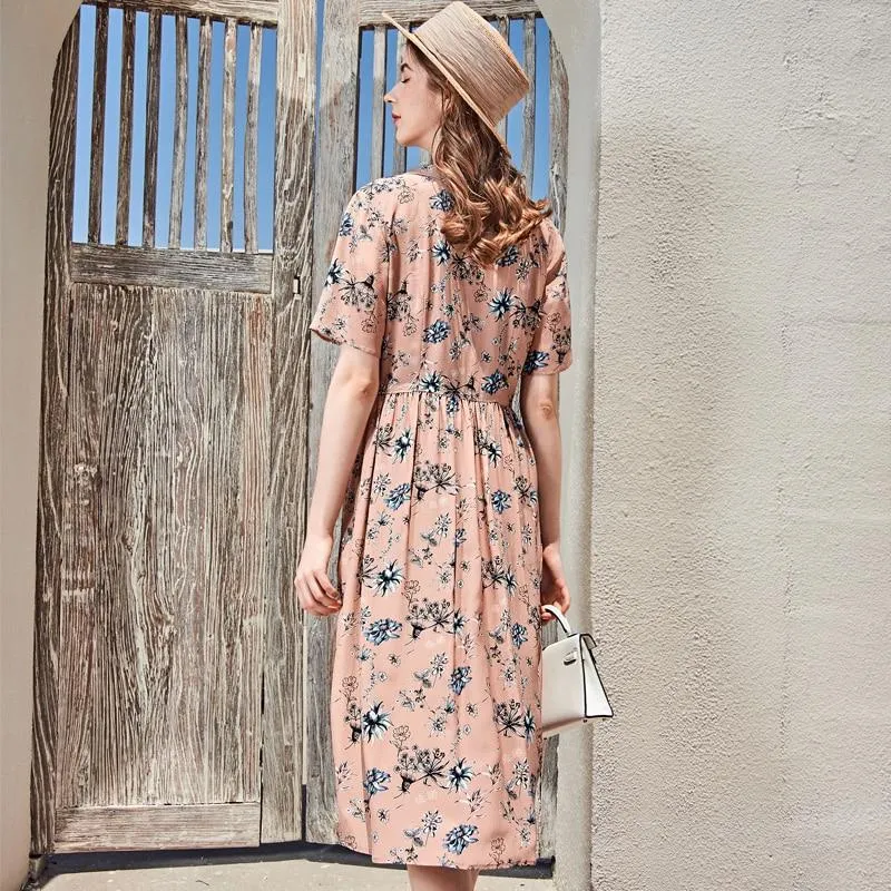 FashionSierra - Turn Down Collar Short Sleeves Printed Ruched Fashion Casual High Street Dresses
