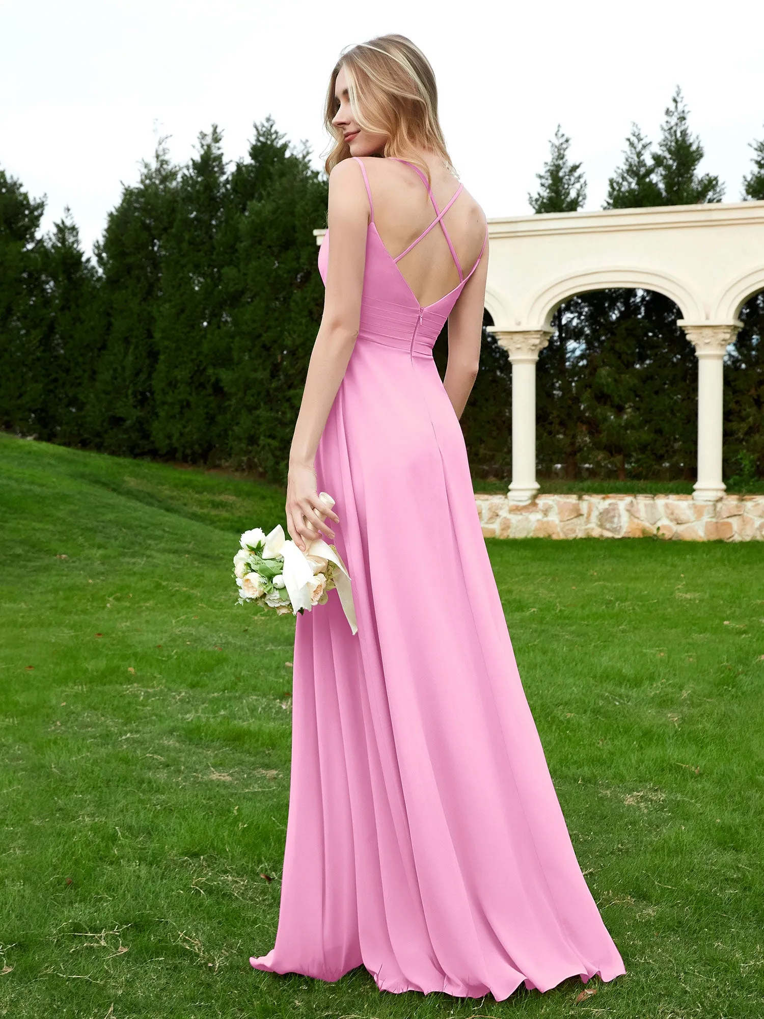 Floor Length V Neck Chiffon Bridesmaid Gown Candy Pink Plus Size