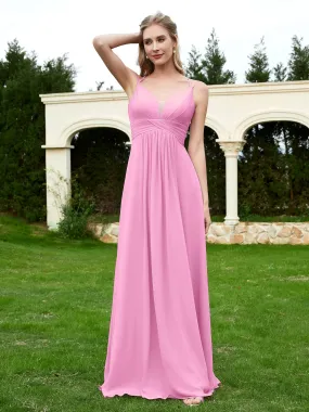 Floor Length V Neck Chiffon Bridesmaid Gown Candy Pink Plus Size