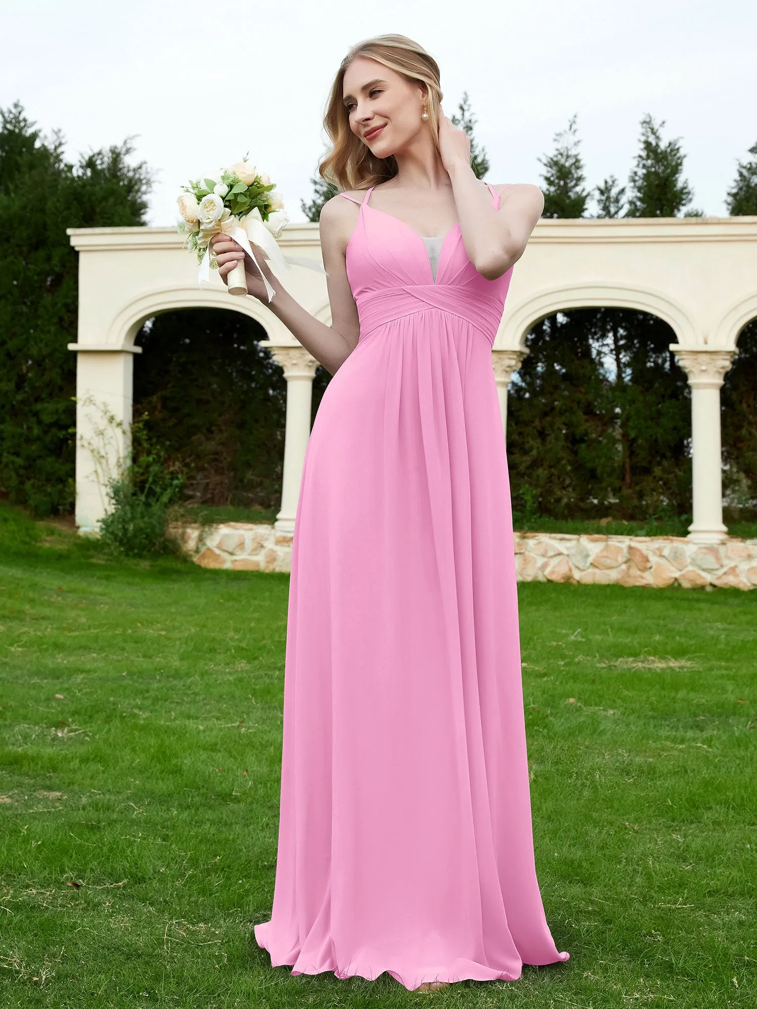 Floor Length V Neck Chiffon Bridesmaid Gown Candy Pink Plus Size