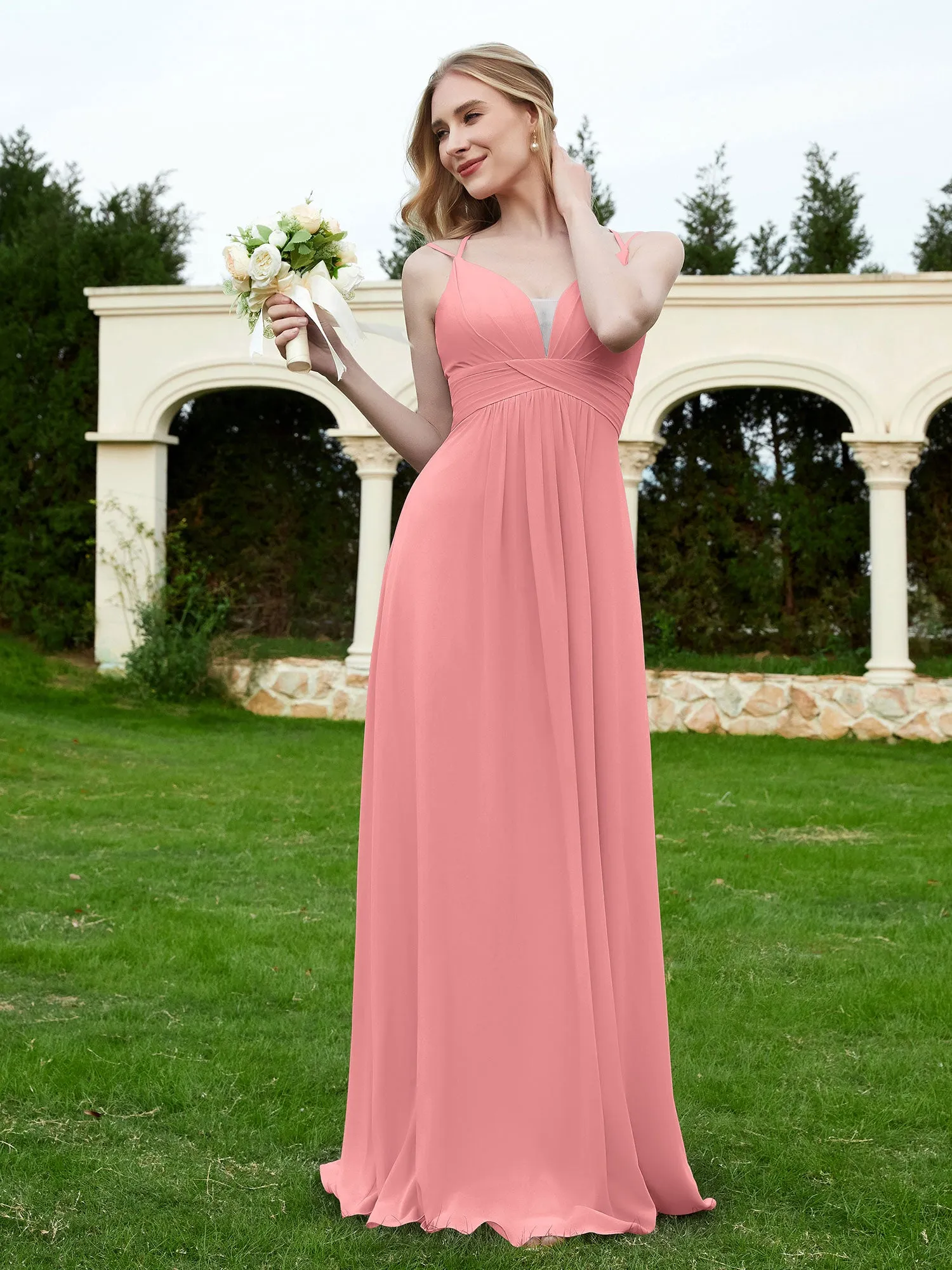 Floor Length V Neck Chiffon Bridesmaid Gown Flamingo