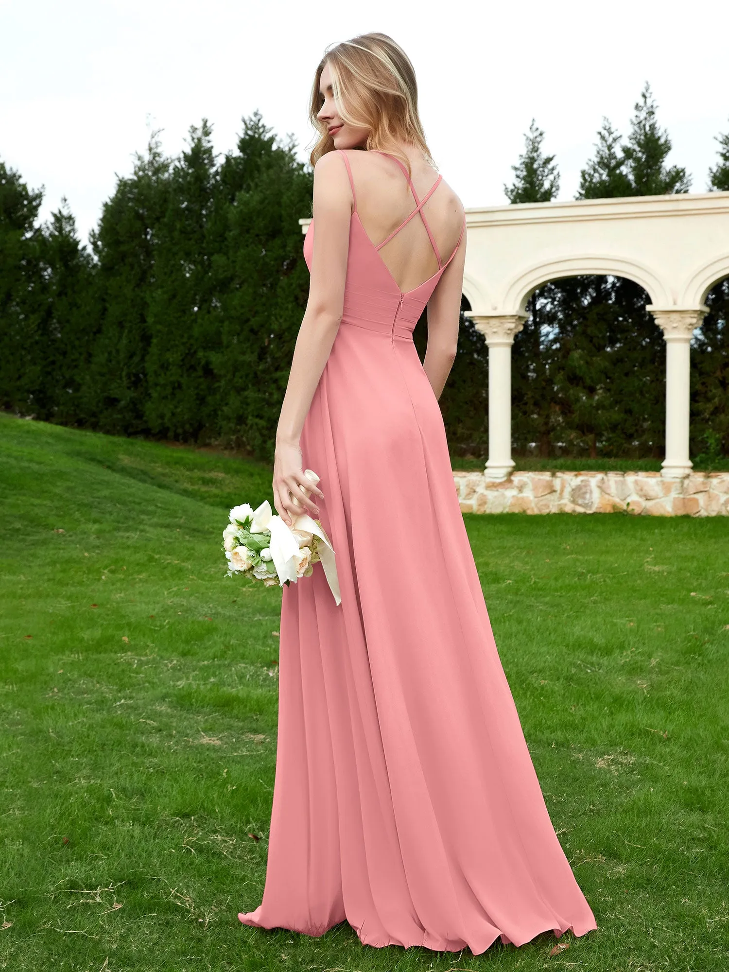 Floor Length V Neck Chiffon Bridesmaid Gown Flamingo