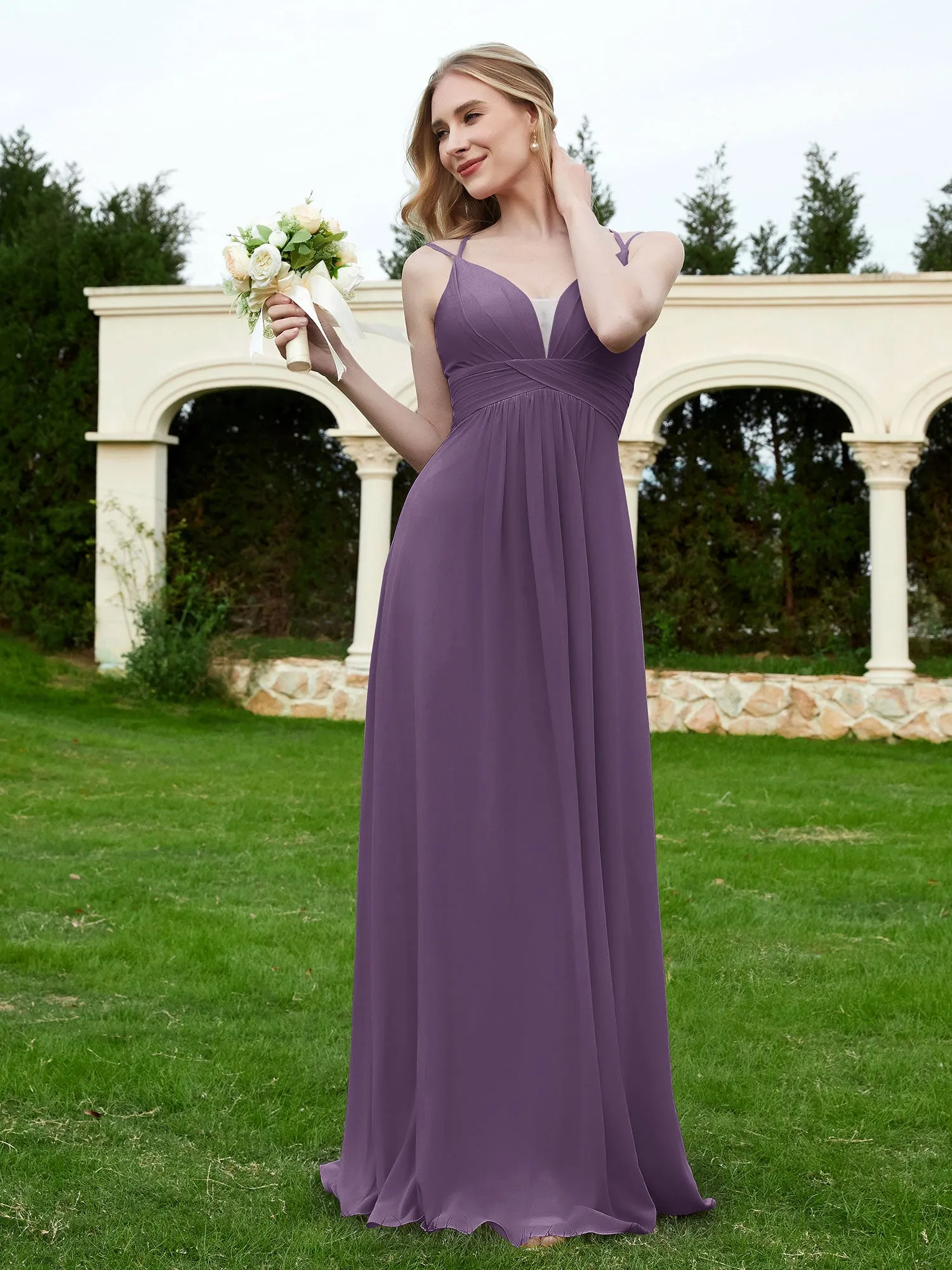Floor Length V Neck Chiffon Bridesmaid Gown Plum