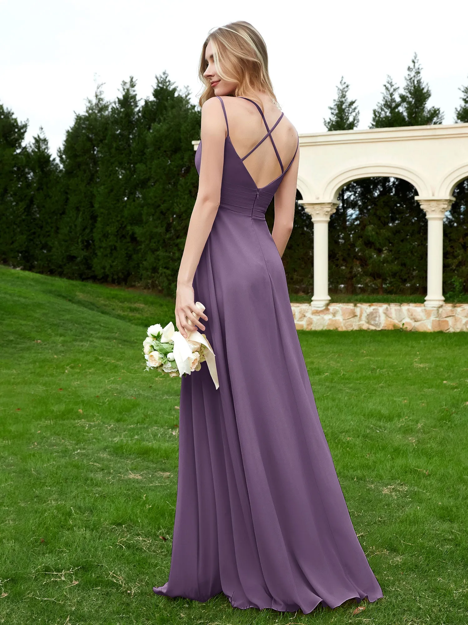 Floor Length V Neck Chiffon Bridesmaid Gown Plum